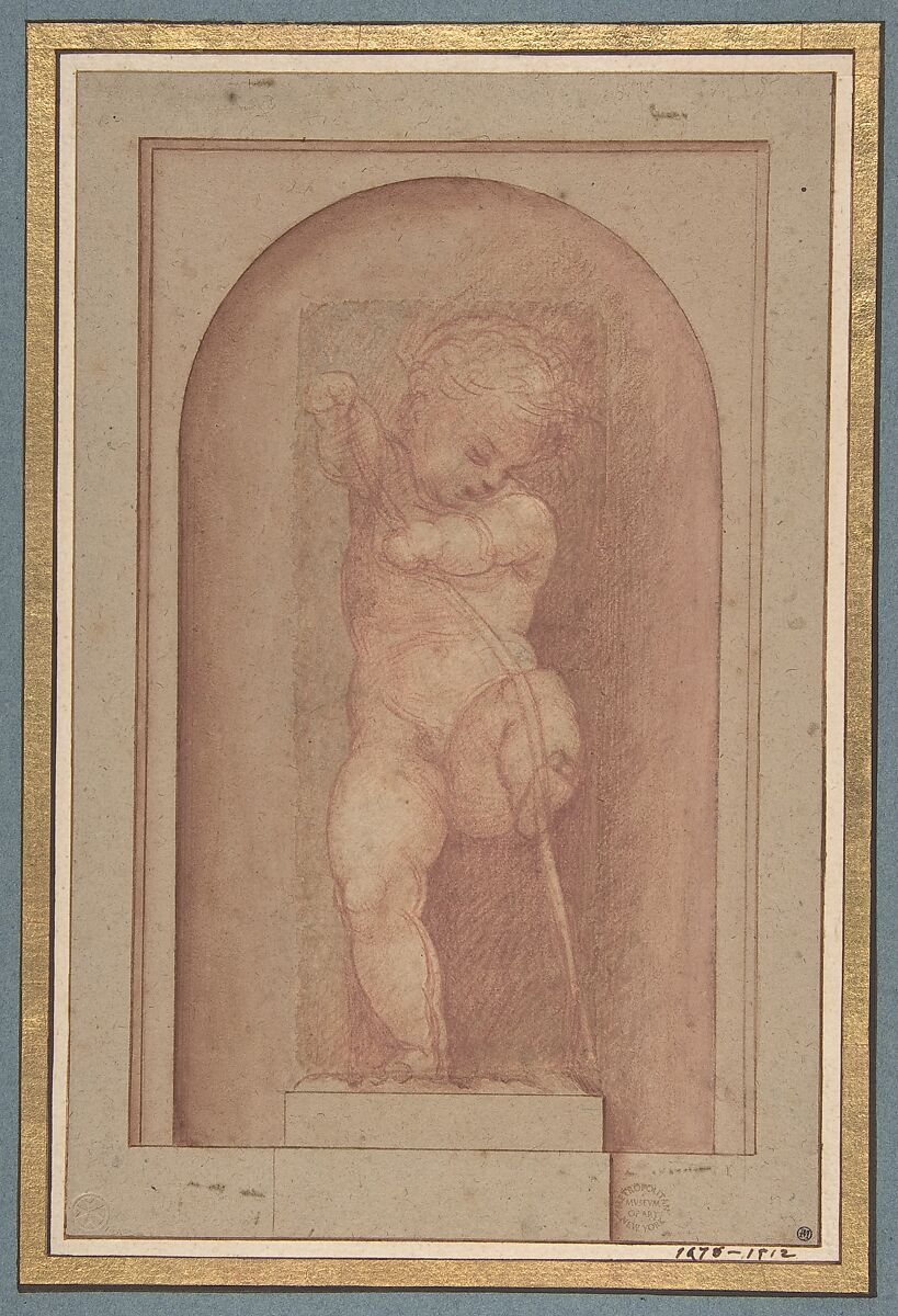 Putto Bending a Bow, Giorgione  Italian, Red chalk. Original sheet, 15.7 x 6.6 cm.; this has been made up (almost certainly by Pierre-Jean Mariette) to a sheet 23.7 x 15.2 cm. on which a base and a surrounding niche for the putto have been indicated in pen and brown ink, red chalk and brush and red wash