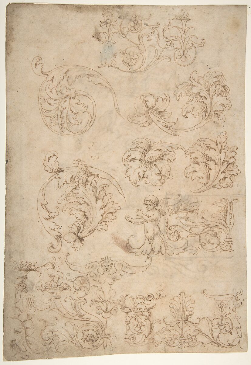 Sketchbook Sheet of Ornamental Studies, (recto and verso), attributed to Giovanni da Udine (Giovanni dei Ricamatori) (Italian, Udine 1487–1564 Rome), Pen and brown ink 