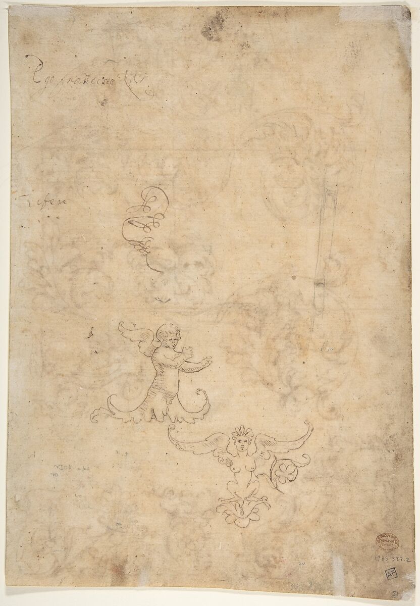 Sketchbook Sheet of Ornamental Studies, (recto and verso), attributed to Giovanni da Udine (Giovanni dei Ricamatori) (Italian, Udine 1487–1564 Rome), Pen and brown ink