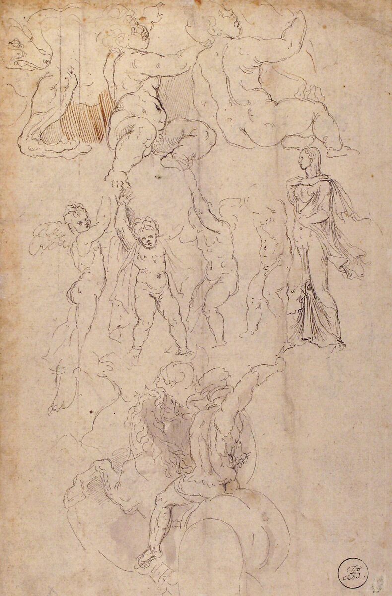 Sheet of Figure Studies, Probably after the Antique (recto); Ornamental Designs (verso), attributed to Girolamo da Carpi (Girolamo Sellari) (Italian, Ferrara 1501–1556 Ferrara), Pen and brown ink, brush and brown wash (recto); pen and brown ink (verso)