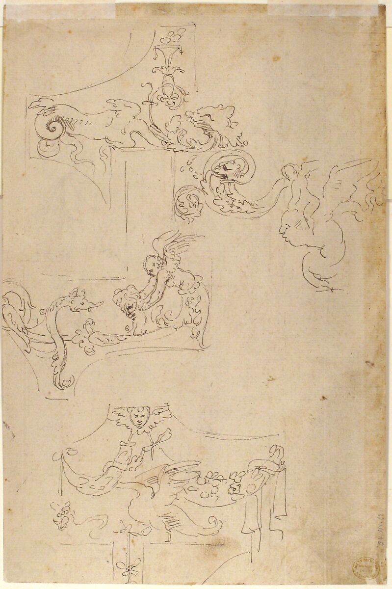 Sheet of Figure Studies, Probably after the Antique (recto); Ornamental Designs (verso), attributed to Girolamo da Carpi (Girolamo Sellari) (Italian, Ferrara 1501–1556 Ferrara), Pen and brown ink, brush and brown wash (recto); pen and brown ink (verso)