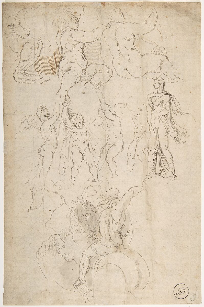 Sheet of Figure Studies, Probably after the Antique (recto); Ornamental Designs (verso), attributed to Girolamo da Carpi (Girolamo Sellari) (Italian, Ferrara 1501–1556 Ferrara), Pen and brown ink, brush and brown wash (recto); pen and brown ink (verso)