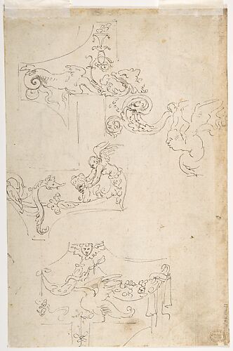 Sheet of Figure Studies, Probably after the Antique (recto); Ornamental Designs (verso)