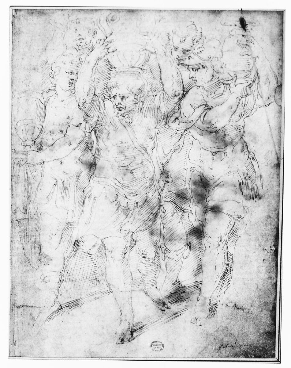 Soldiers Carrying Urns, Attributed to Girolamo da Carpi (Girolamo Sellari) (Italian, Ferrara 1501–1556 Ferrara), Pen and brown ink