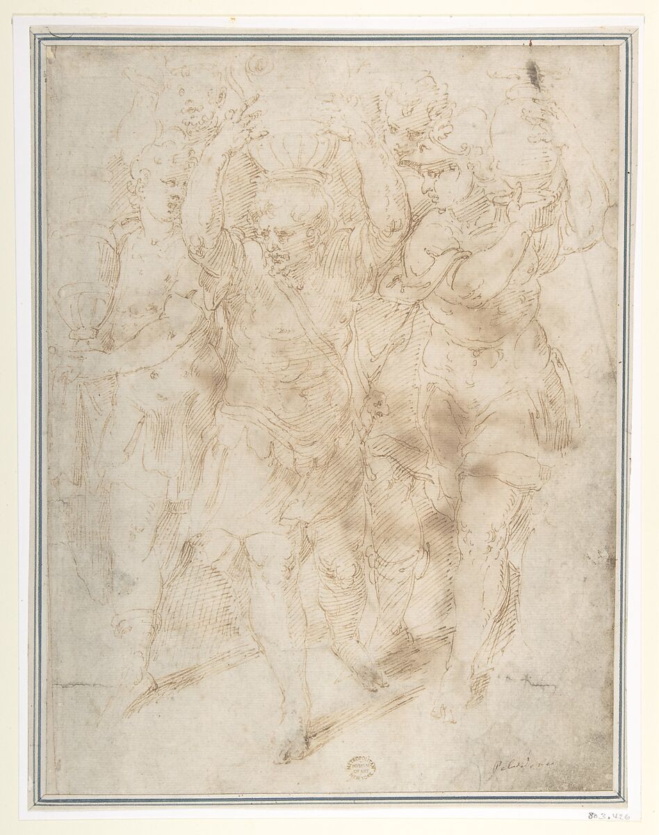 Soldiers Carrying Urns, Attributed to Girolamo da Carpi (Girolamo Sellari) (Italian, Ferrara 1501–1556 Ferrara), Pen and brown ink