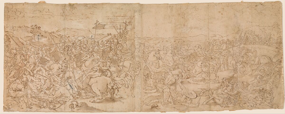 Copy after the Fresco with the Battle of Constantine in the Vatican Palace, After Giulio Romano (Italian, Rome 1499?–1546 Mantua), Pen and brown ink, brush and brown wash 