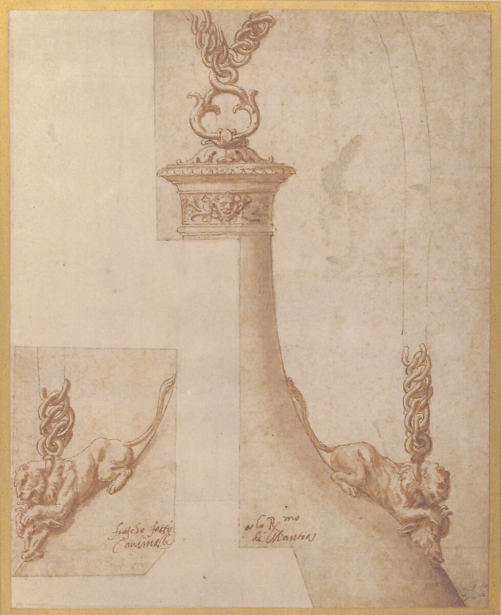 Design for a Flask with Chain Handles, Giulio Romano (Italian, Rome 1499?–1546 Mantua), Pen and brown ink, brush and brown wash, over traces of leadpoint or soft black chalk 