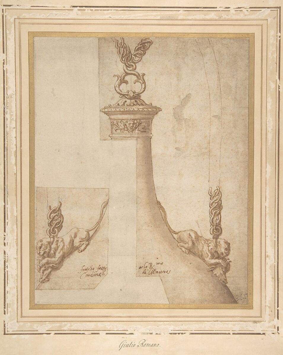 Design for a Flask with Chain Handles, Giulio Romano (Italian, Rome 1499?–1546 Mantua), Pen and brown ink, brush and brown wash, over traces of leadpoint or soft black chalk