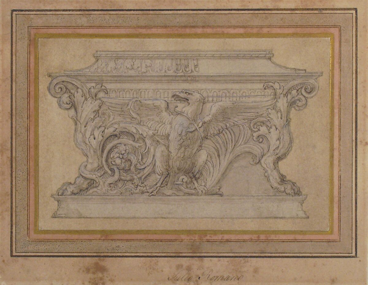 Design for a Casket with the Gonzaga Eagle, Giulio Romano (Italian, Rome 1499?–1546 Mantua), Pen and brown ink, brush and brown wash, highlighted with traces of white gouache, over black chalk