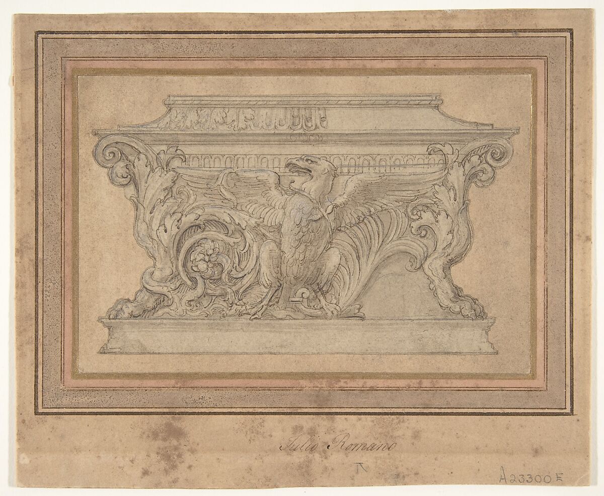 Design for a Casket with the Gonzaga Eagle, Giulio Romano (Italian, Rome 1499?–1546 Mantua), Pen and brown ink, brush and brown wash, highlighted with traces of white gouache, over black chalk 