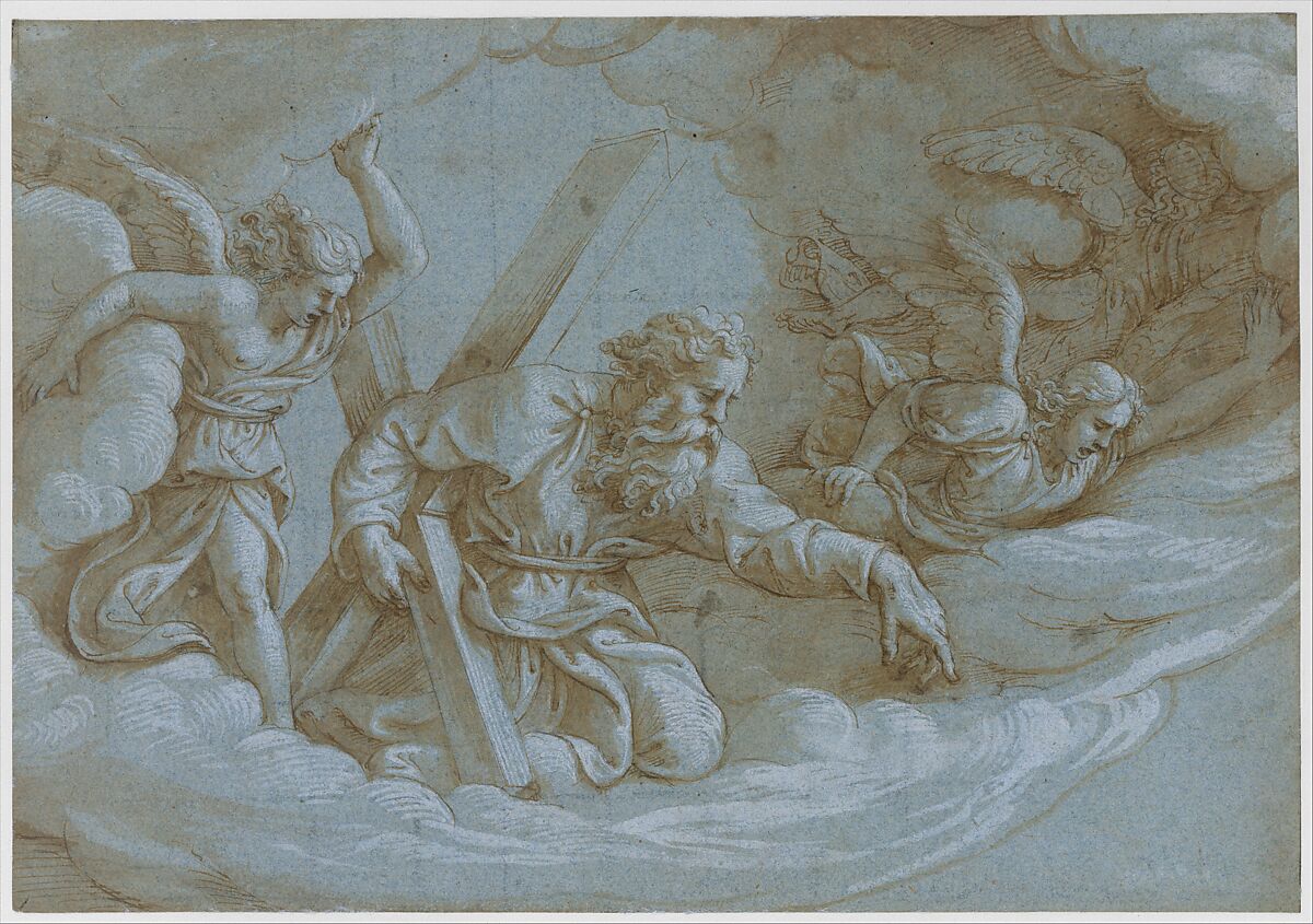 Apparition of Saint Andrew in Glory, Giulio Romano (Italian, Rome 1499?–1546 Mantua), Pen and brown ink, brush and brown wash, highlighted with white gouache, on blue paper; partially squared in black chalk