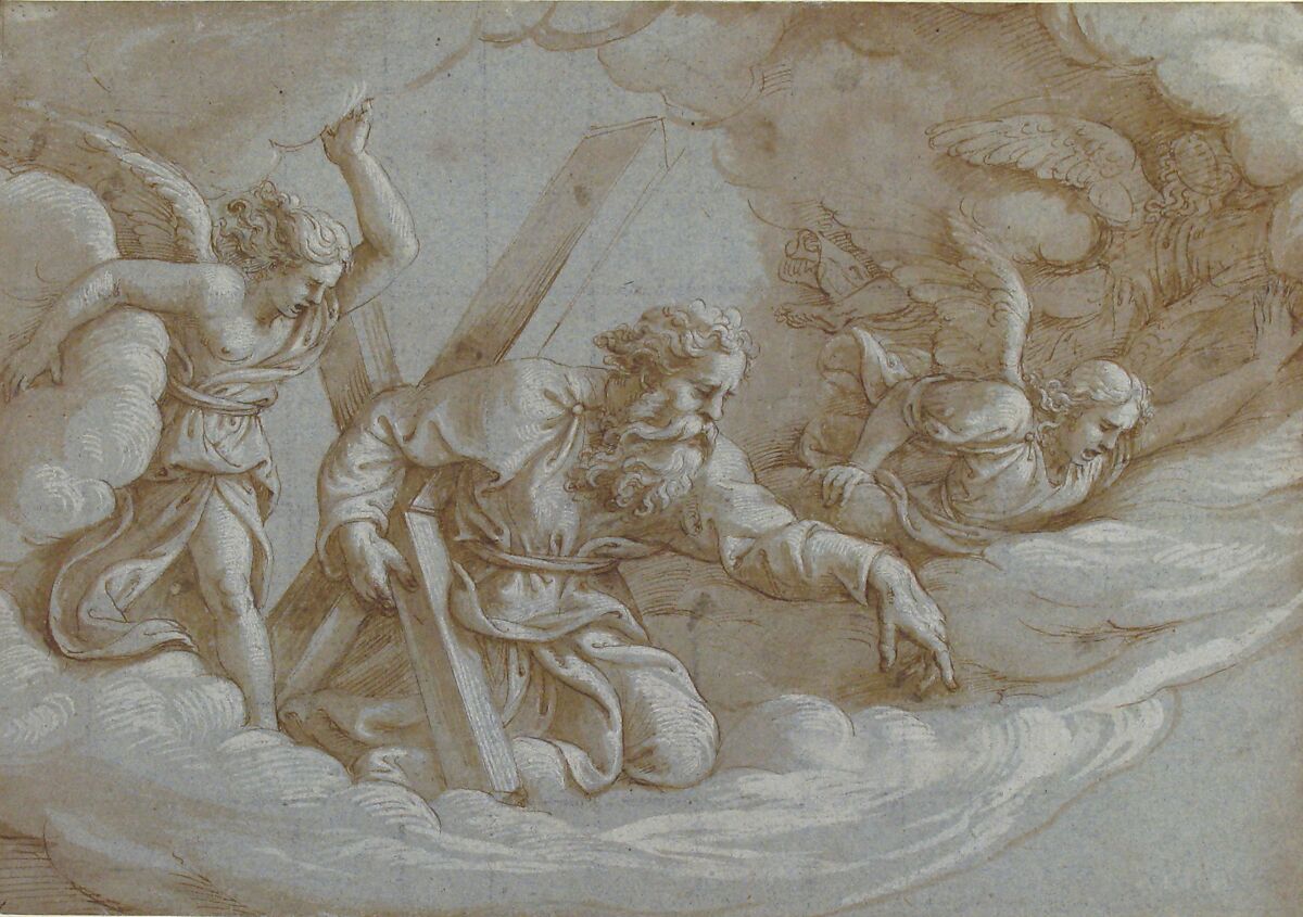 Apparition of Saint Andrew in Glory, Giulio Romano (Italian, Rome 1499?–1546 Mantua), Pen and brown ink, brush and brown wash, highlighted with white gouache, on blue paper; partially squared in black chalk