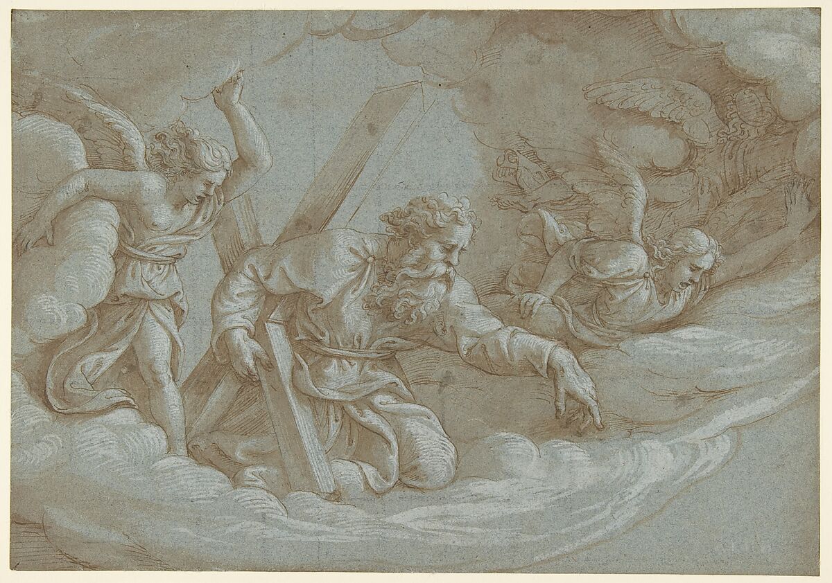 Apparition of Saint Andrew in Glory, Giulio Romano (Italian, Rome 1499?–1546 Mantua), Pen and brown ink, brush and brown wash, highlighted with white gouache, on blue paper; partially squared in black chalk 