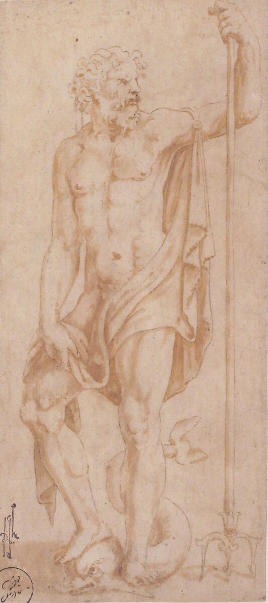 Neptune Holding a Trident and Standing on a Dolphin, Giulio Romano (Italian, Rome 1499?–1546 Mantua), Pen and brown ink, brush and brown wash, over black chalk