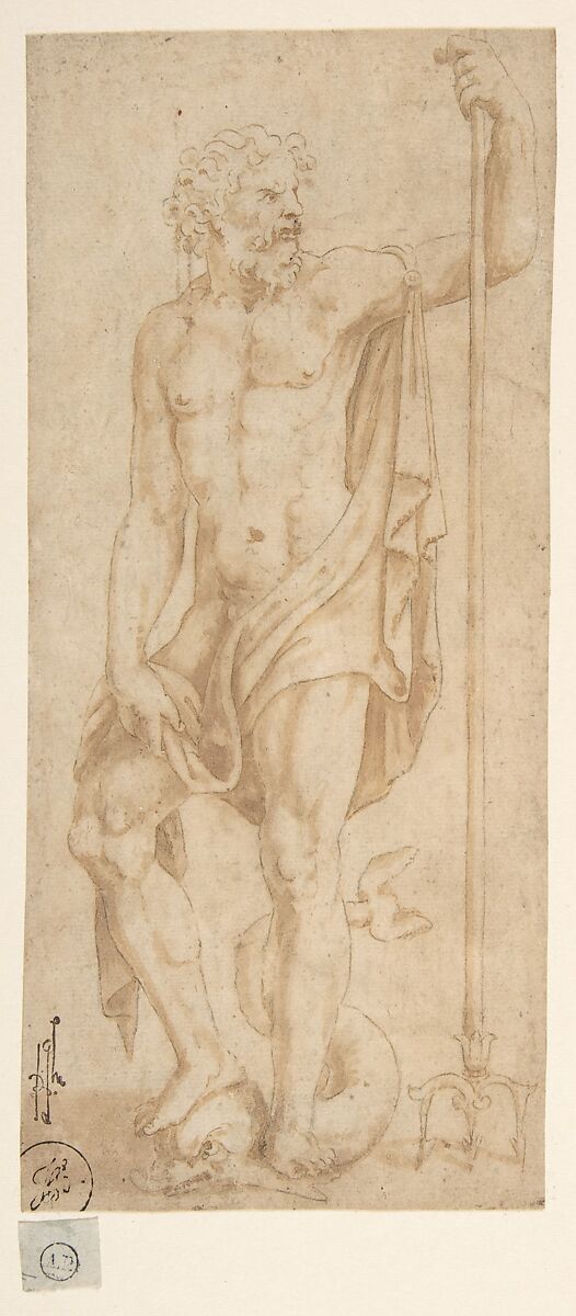 Neptune Holding a Trident and Standing on a Dolphin, Giulio Romano (Italian, Rome 1499?–1546 Mantua), Pen and brown ink, brush and brown wash, over black chalk 