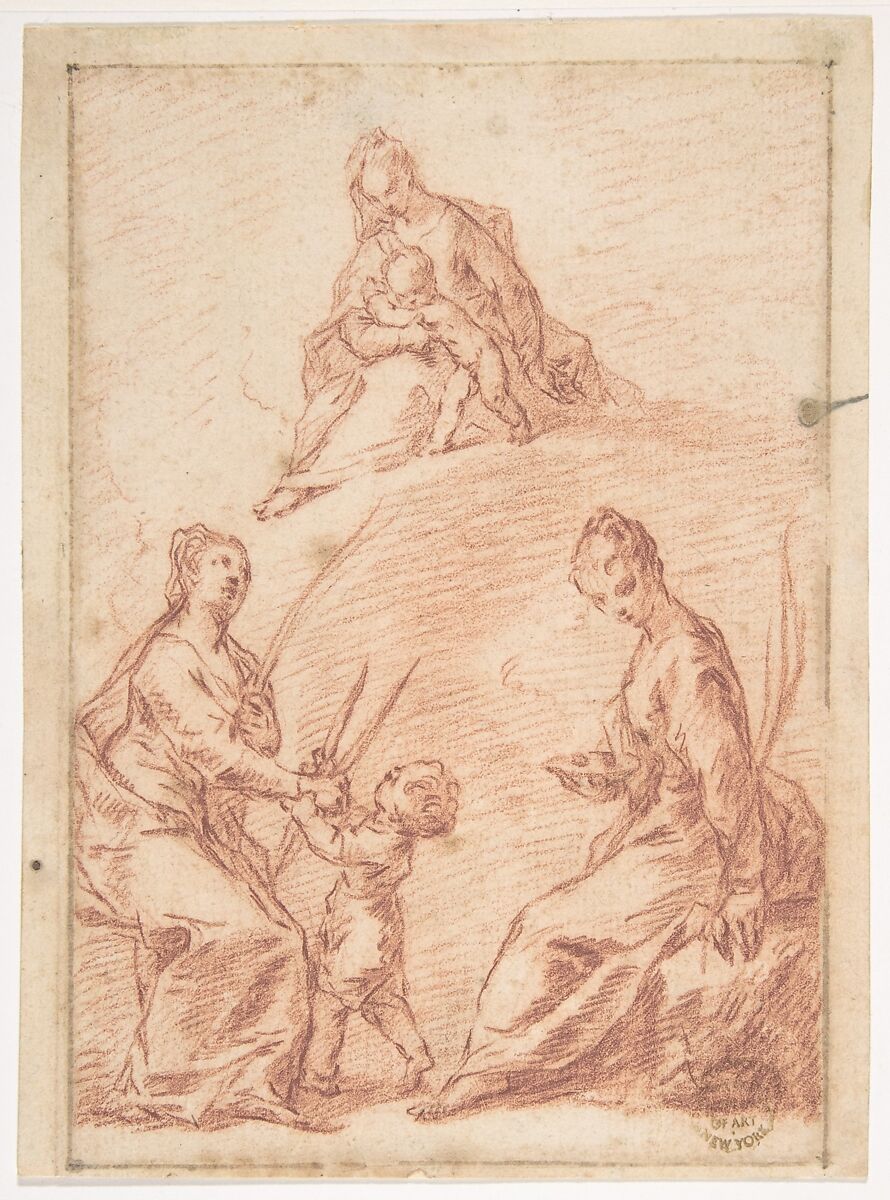 The Virgin and Child Appearing to Saint Agatha and Saint Lucy, Nicola Grassi (Italian, Formeaso before 1682–ca. 1750 Turin (?)), Red chalk; framing lines in pen and brown ink 