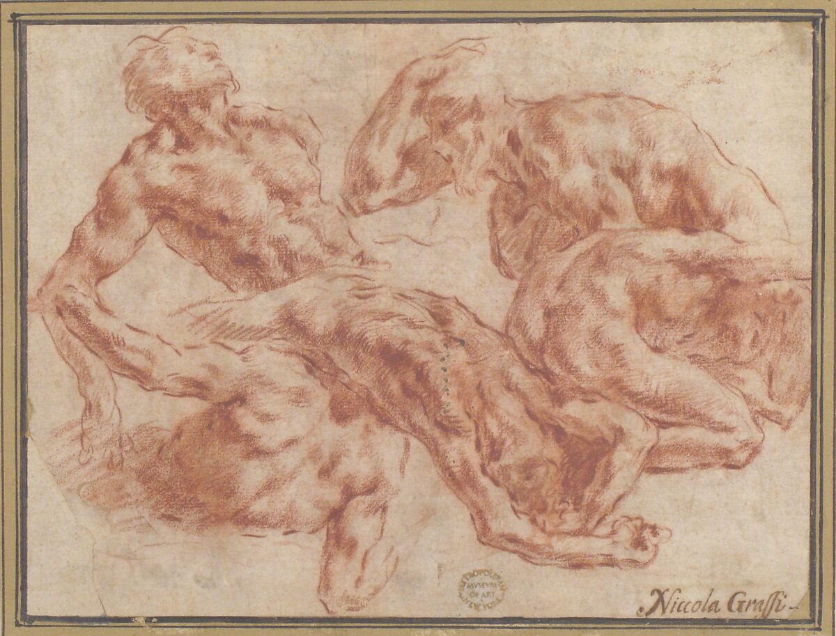 Studies of Nude Men, Nicola Grassi (Italian, Formeaso before 1682–ca. 1750 Turin (?)), Red chalk