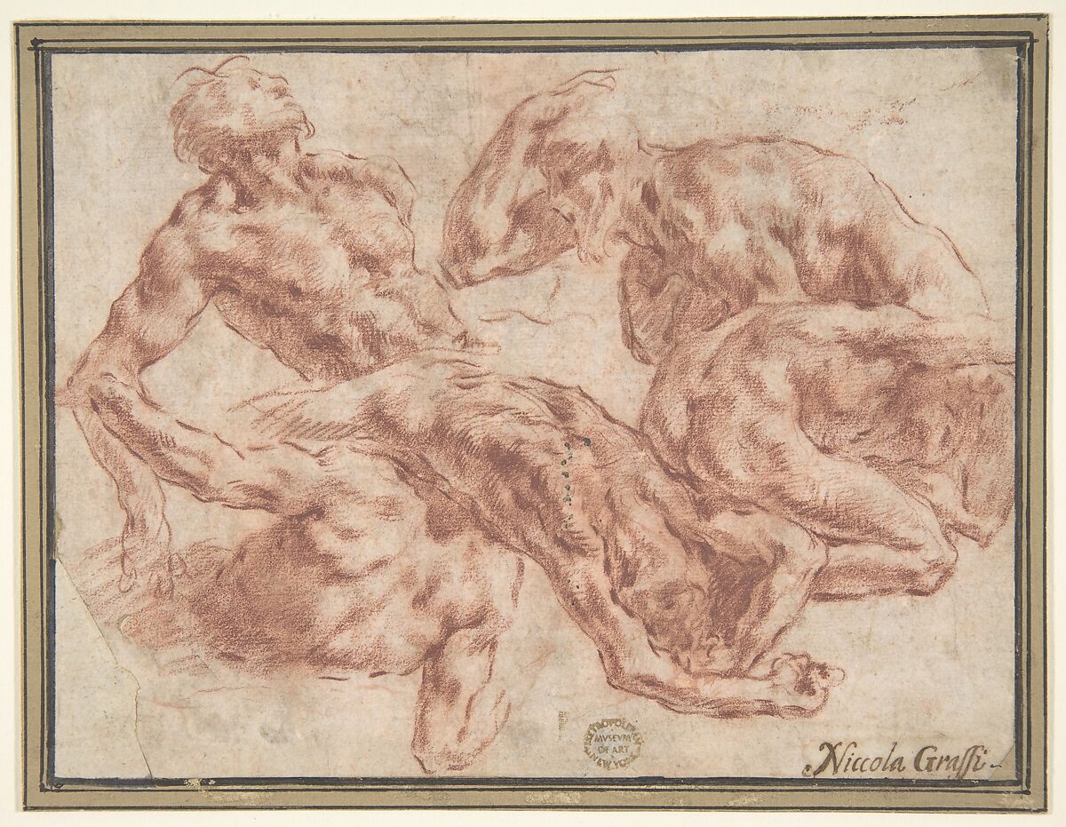 Studies of Nude Men, Nicola Grassi (Italian, Formeaso before 1682–ca. 1750 Turin (?)), Red chalk 