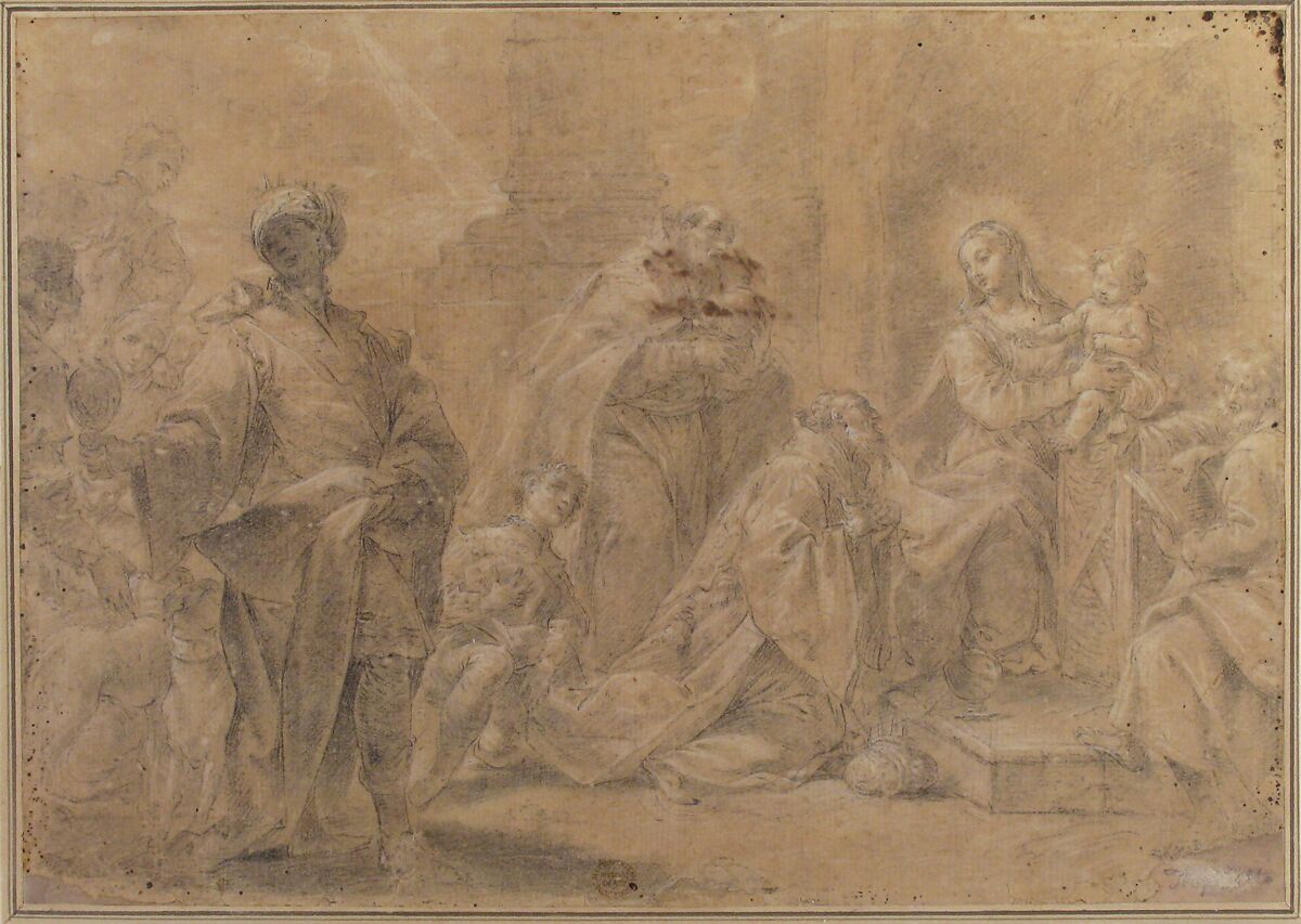 Adoration of the Magi, Ercole Graziani the Younger (Italian, Bologna 1688–1765 Bologna), Black chalk, stumped, highlighted with white, on beige paper