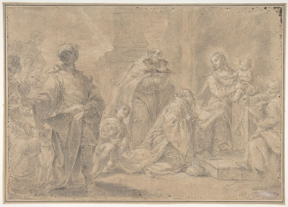 Adoration of the Magi, Ercole Graziani the Younger (Italian, Bologna 1688–1765 Bologna), Black chalk, stumped, highlighted with white, on beige paper 