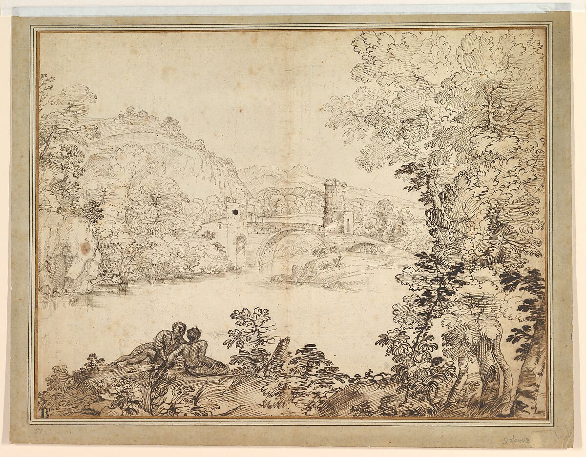 Landscape with a Bridge and Two Figures, Giovanni Francesco Grimaldi (Italian, Bologna 1606–1680 Rome), Pen and brown ink, over traces of black chalk 