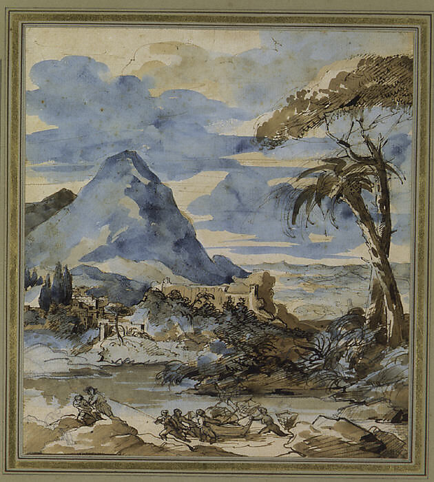 Landscape with Fishermen, Théodore Géricault (French, Rouen 1791–1824 Paris), Graphite, pen and brown ink, brown and blue wash