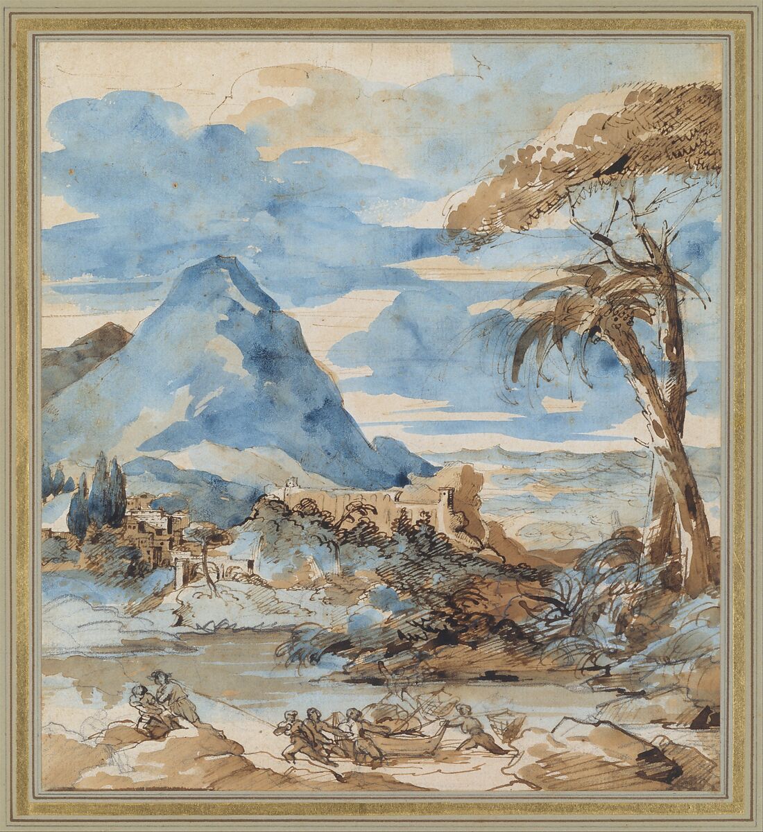 Landscape with Fishermen, Théodore Géricault (French, Rouen 1791–1824 Paris), Graphite, pen and brown ink, brown and blue wash