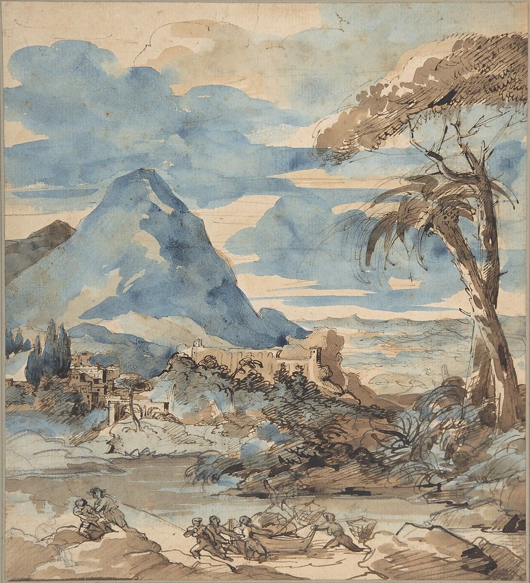 Landscape with Fishermen, Théodore Gericault (French, Rouen 1791–1824 Paris), Graphite, pen and brown ink, brown and blue wash 