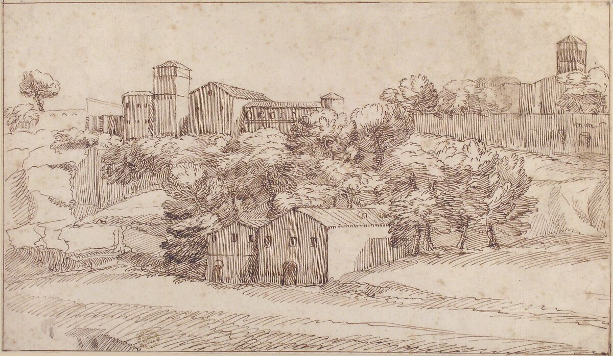 Landscape Study: Surburbs of Rome, Giovanni Francesco Grimaldi (Italian, Bologna 1606–1680 Rome), Pen and brown ink