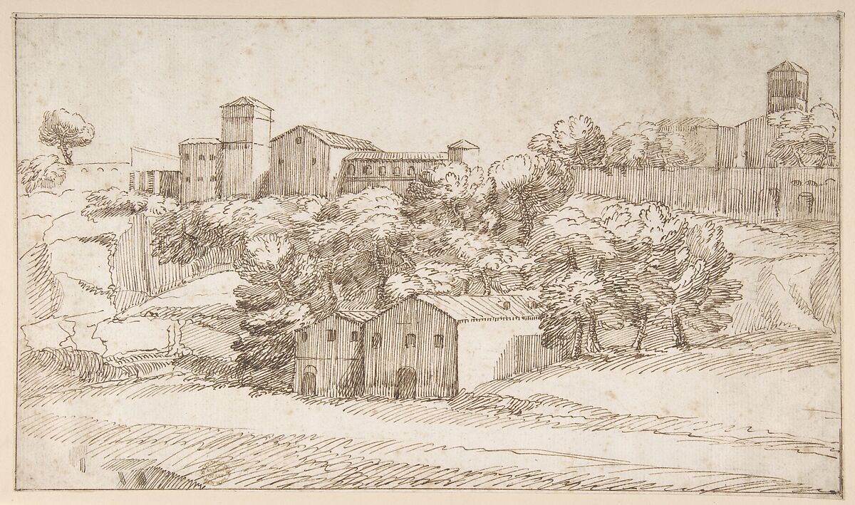 Landscape Study: Surburbs of Rome, Giovanni Francesco Grimaldi (Italian, Bologna 1606–1680 Rome), Pen and brown ink 