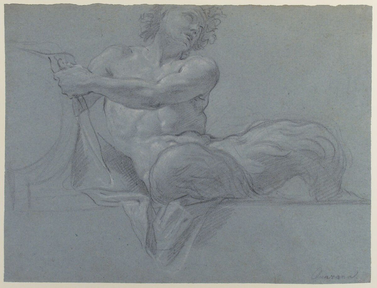 Satyr Reclining on a Ledge, Facing Right (recto); Satyr Reclining on a Ledge, Facing Left (verso), Jacopo Guarana (Italian, Venice 1720–1808 Venice), Black chalk, highlighted with white chalk, on blue paper