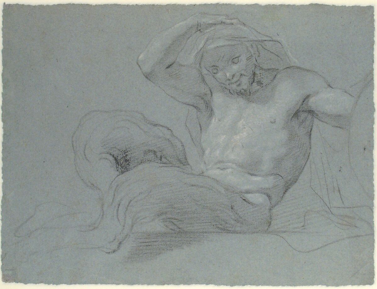 Satyr Reclining on a Ledge, Facing Right (recto); Satyr Reclining on a Ledge, Facing Left (verso), Jacopo Guarana (Italian, Venice 1720–1808 Venice), Black chalk, highlighted with white chalk, on blue paper