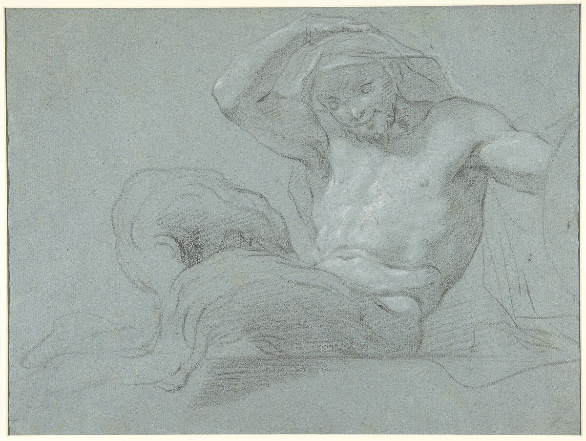 Satyr Reclining on a Ledge, Facing Right (recto); Satyr Reclining on a Ledge, Facing Left (verso), Jacopo Guarana (Italian, Venice 1720–1808 Venice), Black chalk, highlighted with white chalk, on blue paper
