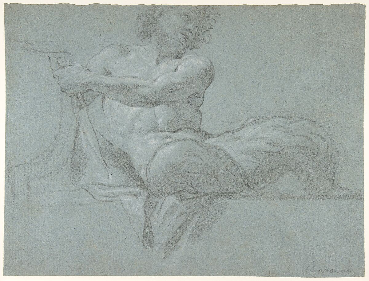 Satyr Reclining on a Ledge, Facing Right (recto); Satyr Reclining on a Ledge, Facing Left (verso), Jacopo Guarana (Italian, Venice 1720–1808 Venice), Black chalk, highlighted with white chalk, on blue paper 