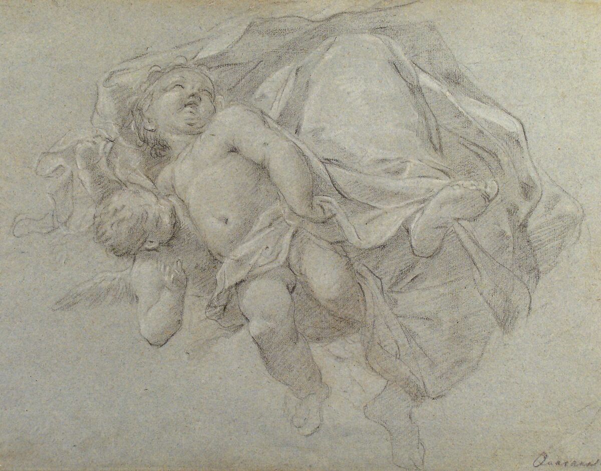 Two Putti Supporting the Lower Part of a Draped Figure (recto); Two Putti (verso), Jacopo Guarana (Italian, Venice 1720–1808 Venice), Black chalk, highlighted with white chalk, on blue paper