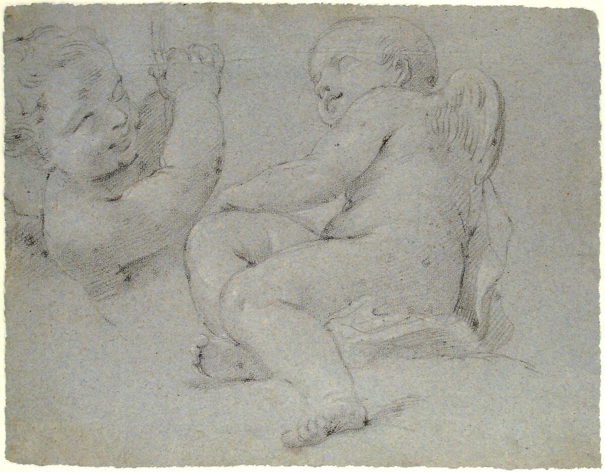 Two Putti Supporting the Lower Part of a Draped Figure (recto); Two Putti (verso), Jacopo Guarana (Italian, Venice 1720–1808 Venice), Black chalk, highlighted with white chalk, on blue paper