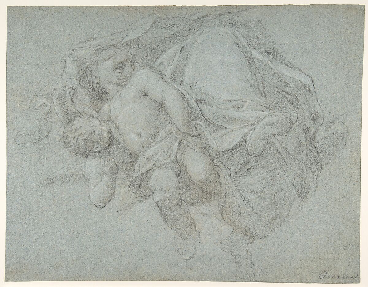 Two Putti Supporting the Lower Part of a Draped Figure (recto); Two Putti (verso), Jacopo Guarana (Italian, Venice 1720–1808 Venice), Black chalk, highlighted with white chalk, on blue paper 