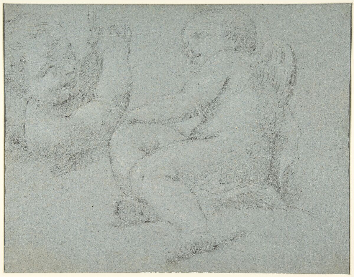 Two Putti Supporting the Lower Part of a Draped Figure (recto); Two Putti (verso), Jacopo Guarana (Italian, Venice 1720–1808 Venice), Black chalk, highlighted with white chalk, on blue paper
