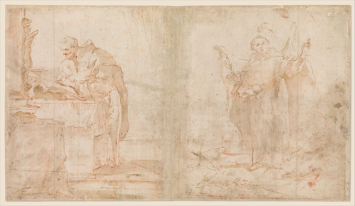 The Grand Canal above the Rialto (recto); A Priest Celebrating Mass and Saint Vincent Ferrer Preaching (verso), Francesco Guardi (Italian, Venice 1712–1793 Venice), Pen and brown ink, brush and brown wash, over black chalk (recto); red chalk, pen and brown ink, brush and brown wash (verso)