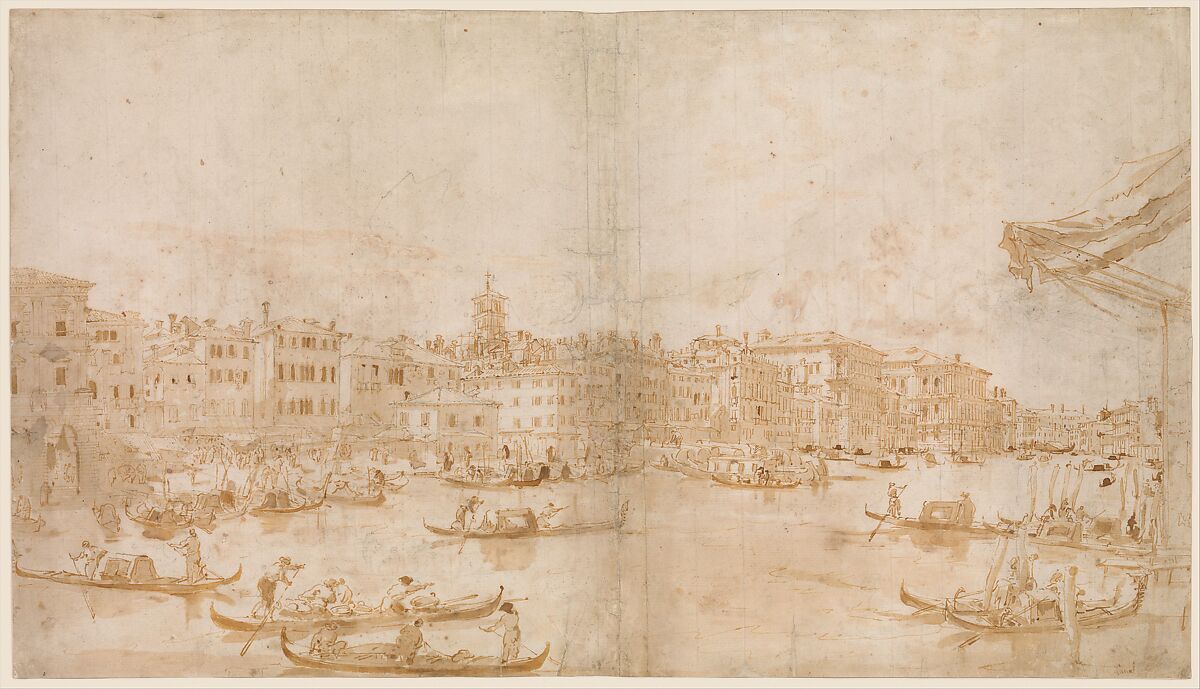 The Grand Canal above the Rialto (recto); A Priest Celebrating Mass and Saint Vincent Ferrer Preaching (verso), Francesco Guardi (Italian, Venice 1712–1793 Venice), Pen and brown ink, brush and brown wash, over black chalk (recto); red chalk, pen and brown ink, brush and brown wash (verso) 