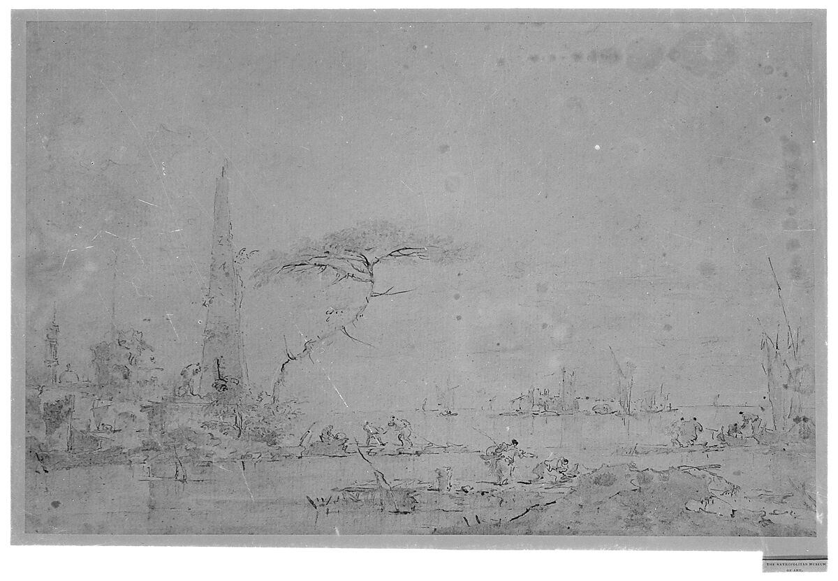 Lagoon Capriccio with an Obelisk, Francesco Guardi (Italian, Venice 1712–1793 Venice), Pen and brown ink, brush and  gray wash, over black chalk