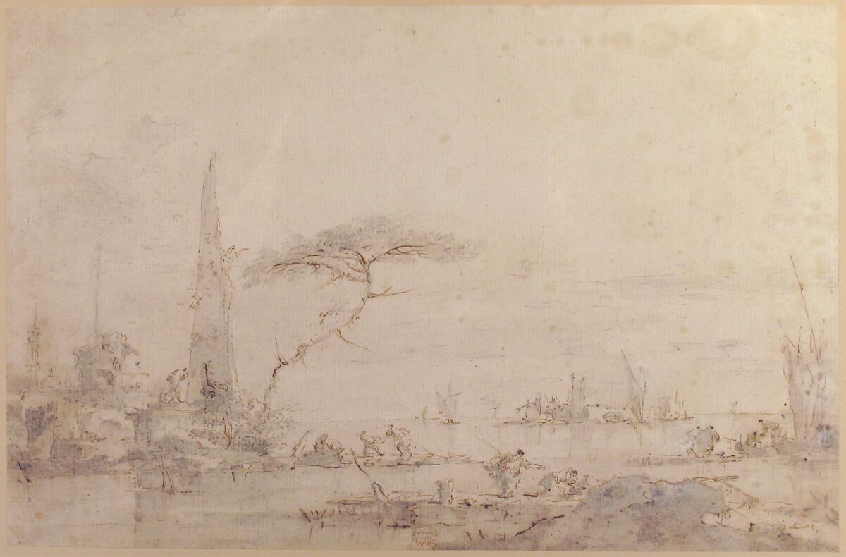 Lagoon Capriccio with an Obelisk, Francesco Guardi (Italian, Venice 1712–1793 Venice), Pen and brown ink, brush and  gray wash, over black chalk