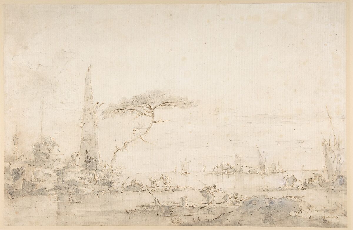 Lagoon Capriccio with an Obelisk, Francesco Guardi (Italian, Venice 1712–1793 Venice), Pen and brown ink, brush and  gray wash, over black chalk 