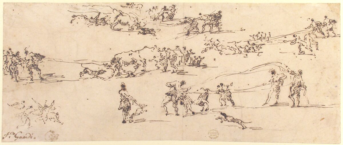 Bullbaiting in a Venetian Piazza, Francesco Guardi (Italian, Venice 1712–1793 Venice), Pen and brown ink