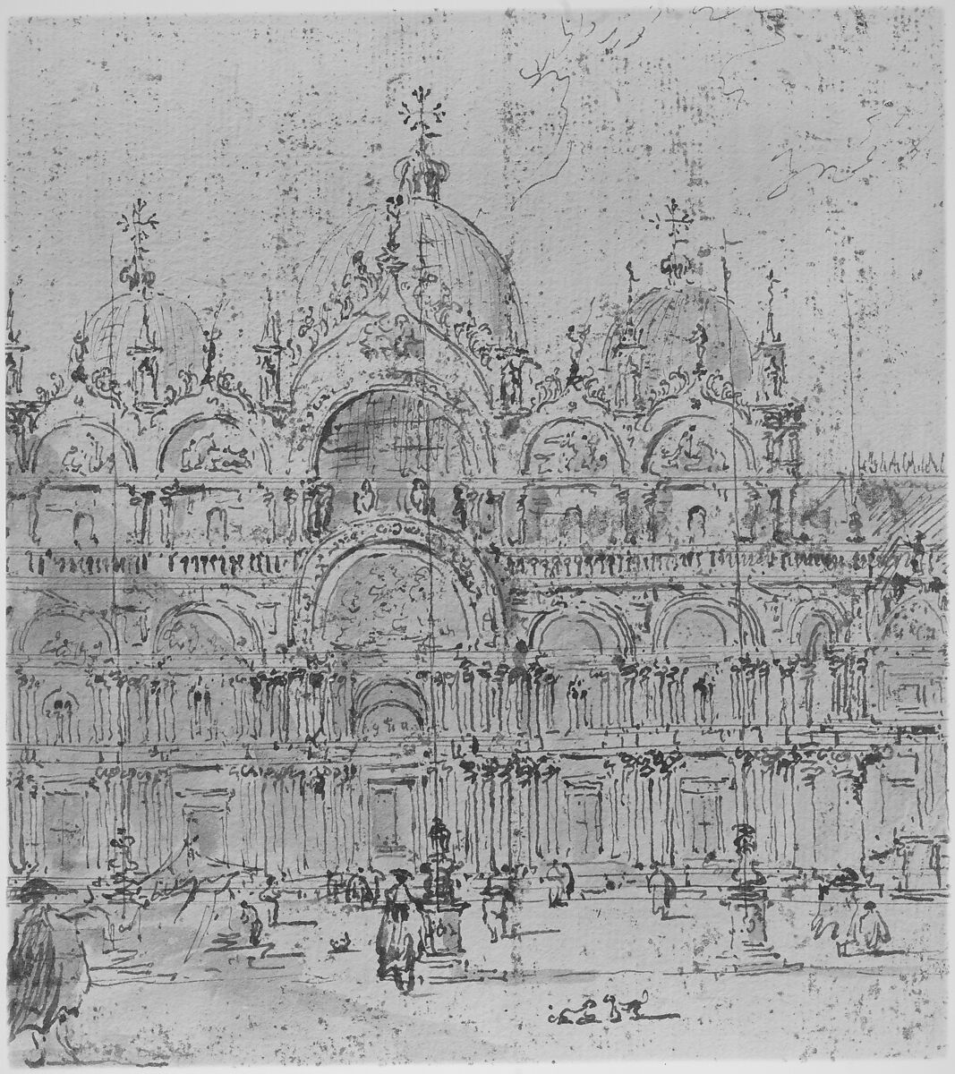 View of Piazza with Basilica of San Marco, Francesco Guardi (Italian, Venice 1712–1793 Venice), Pen and brown ink, brush and brown wash. Framing lines in pen and brown ink at left and right margins. Pricked for transfer