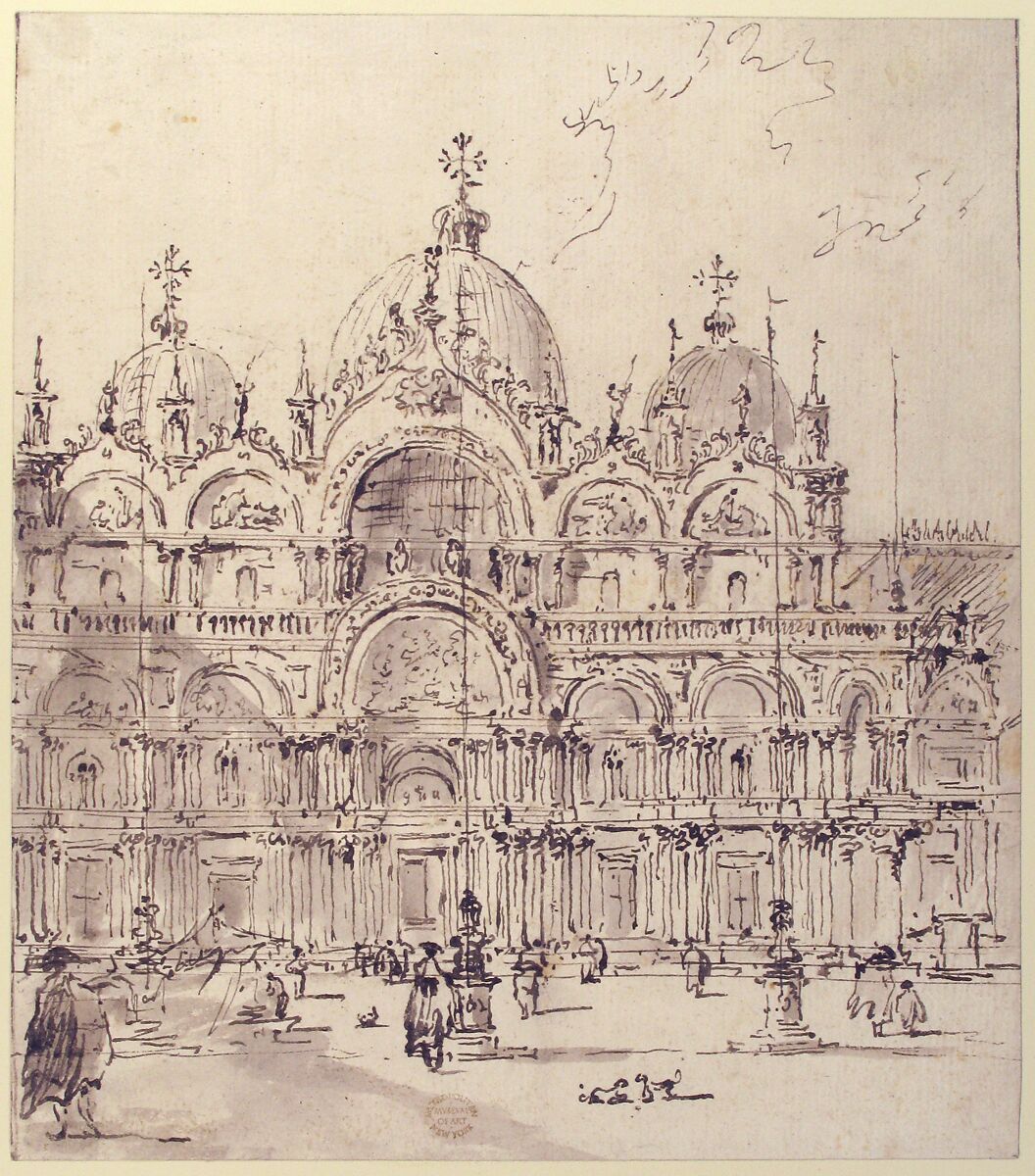 View of Piazza with Basilica of San Marco, Francesco Guardi (Italian, Venice 1712–1793 Venice), Pen and brown ink, brush and brown wash. Framing lines in pen and brown ink at left and right margins. Pricked for transfer