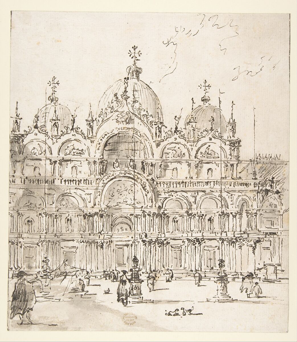 View of Piazza with Basilica of San Marco, Francesco Guardi (Italian, Venice 1712–1793 Venice), Pen and brown ink, brush and brown wash. Framing lines in pen and brown ink at left and right margins. Pricked for transfer 