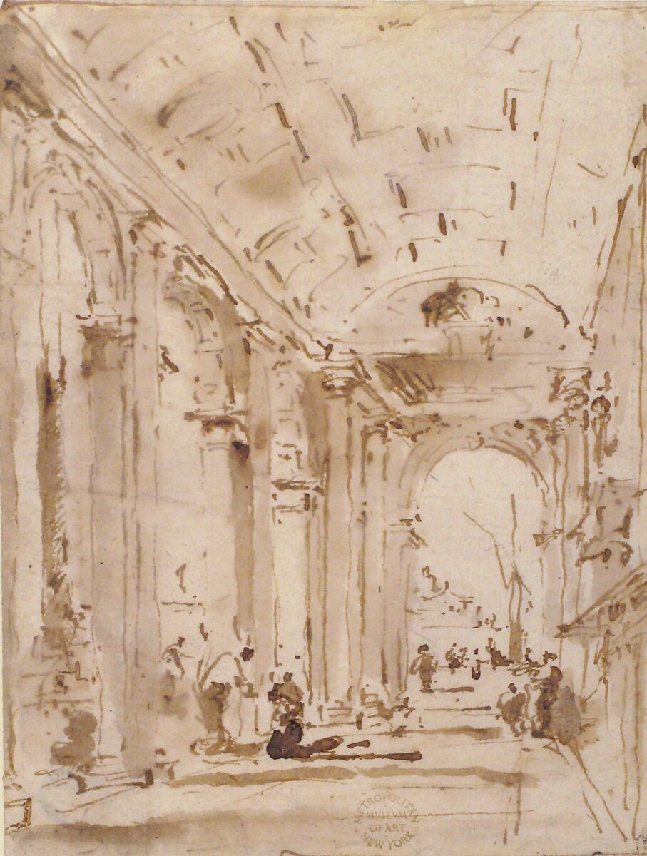 The Arcade of the Libreria, Looking Toward San Giorgio Maggiore, Francesco Guardi (Italian, Venice 1712–1793 Venice), Pen and brown ink, brush and brown wash