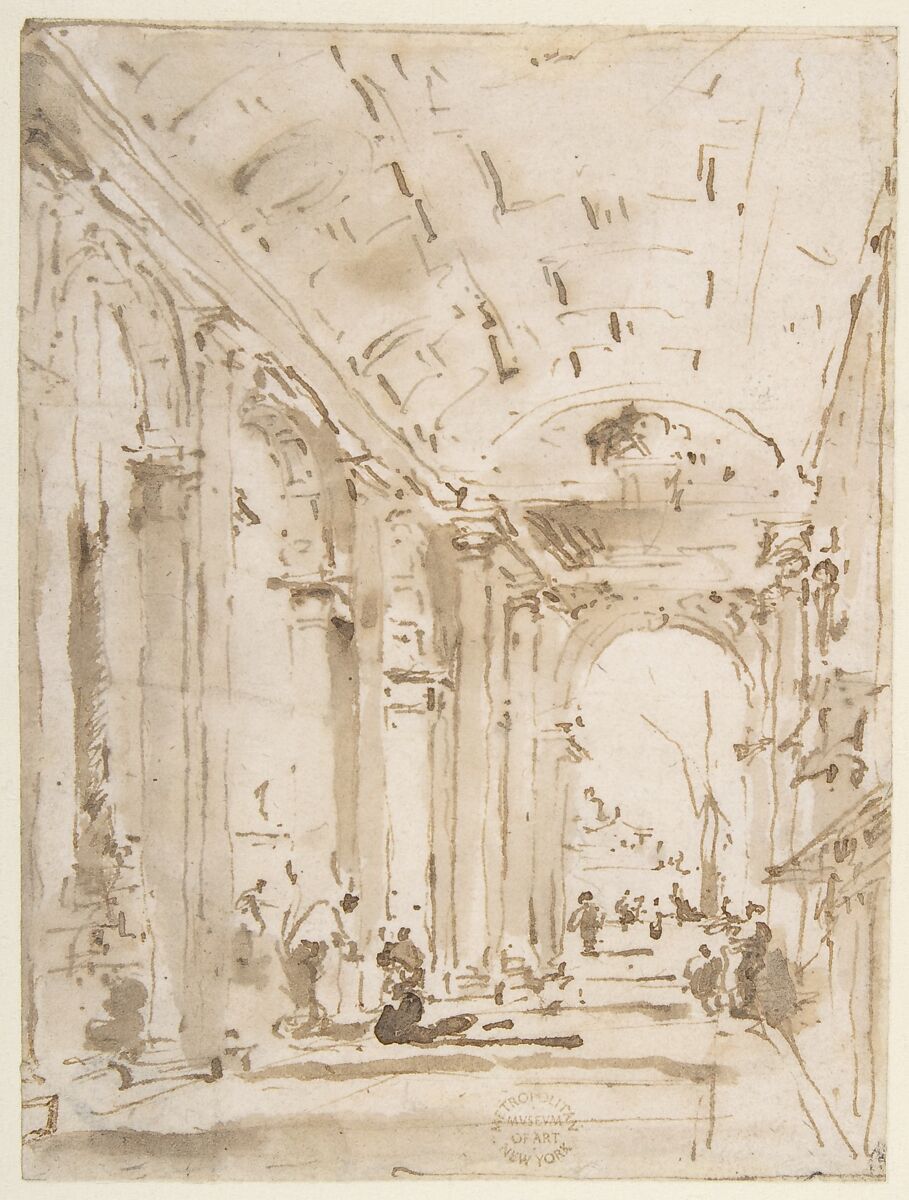 The Arcade of the Libreria, Looking Toward San Giorgio Maggiore, Francesco Guardi (Italian, Venice 1712–1793 Venice), Pen and brown ink, brush and brown wash 