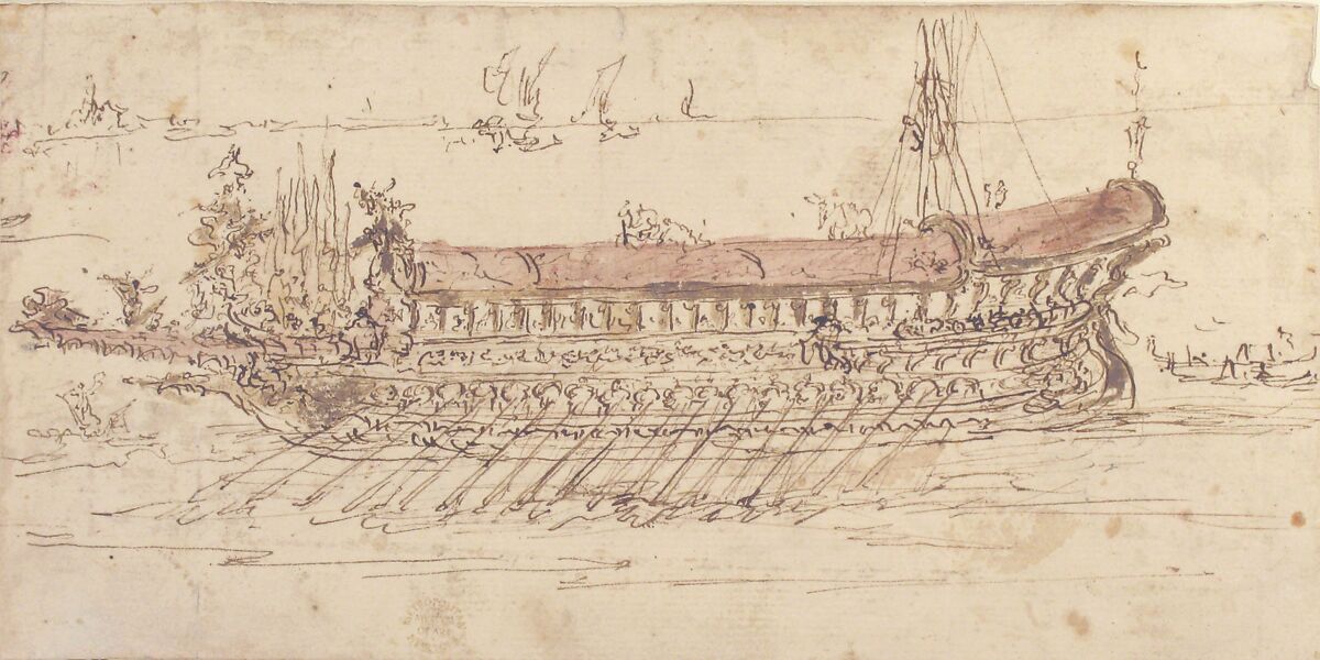 The Bucintoro Moving to the Left (recto); The Bucintoro Moving to the Right (verso), Francesco Guardi (Italian, Venice 1712–1793 Venice), Pen and brown ink, brush with brown and red wash (recto); pen and brown ink (verso)